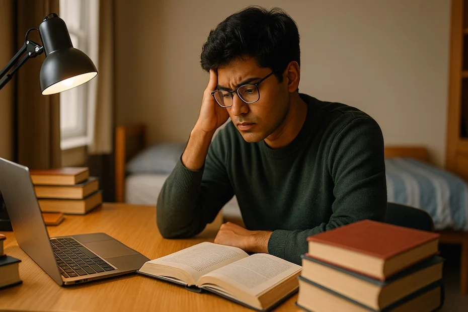 An Indian student sitting at a desk in a dorm room, surrounded by books and a laptop, reflecting on the challenges of studying in the USA.