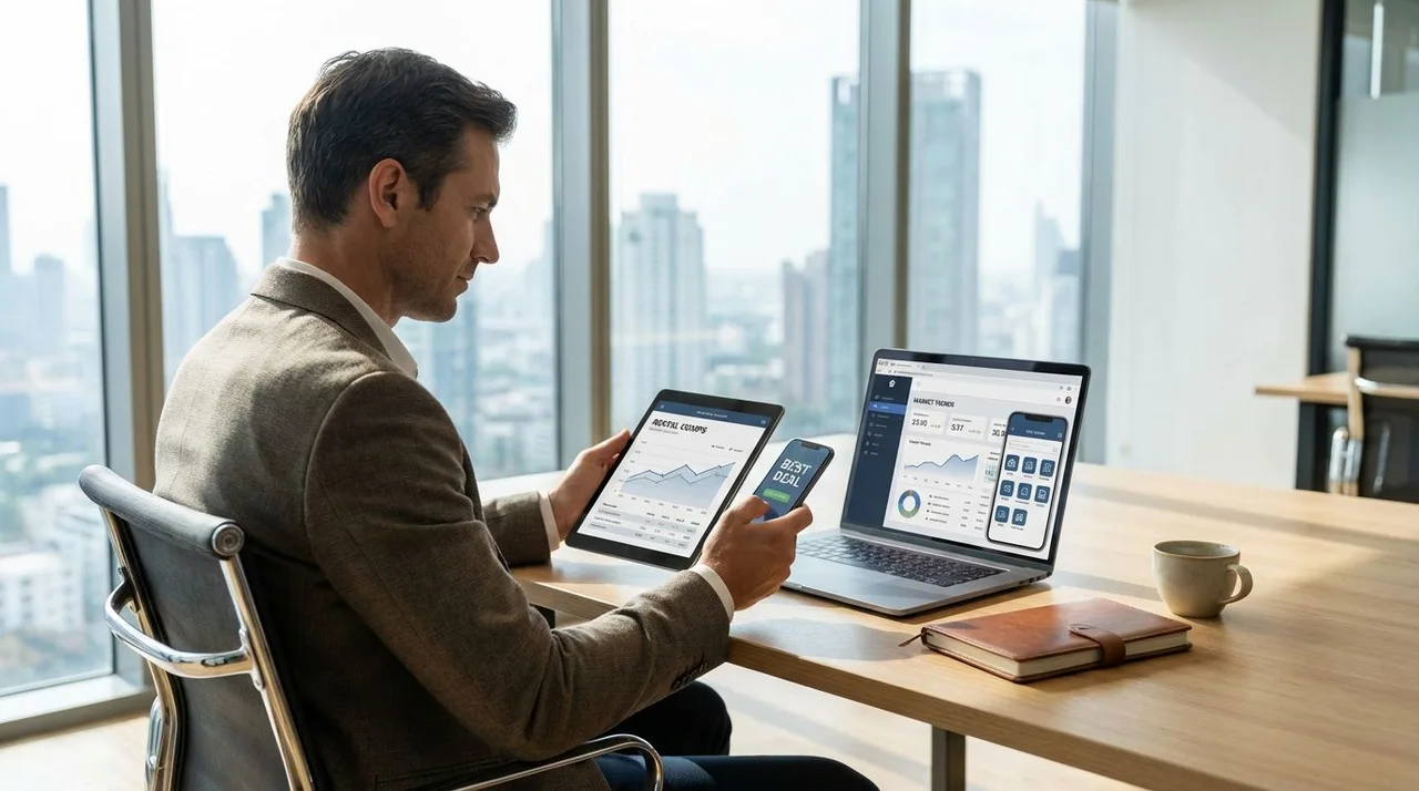 Investor analyzing a neighborhood with real estate apps and market trend charts on a smartphone and laptop