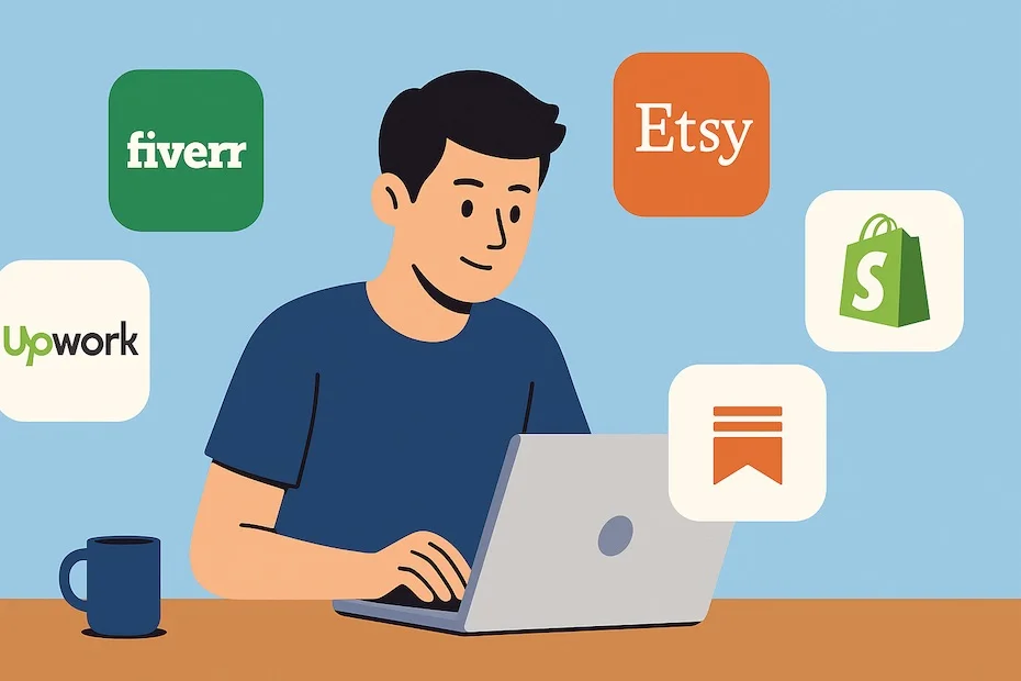 Flat-style illustration of a college student working on a side hustle using digital platforms.