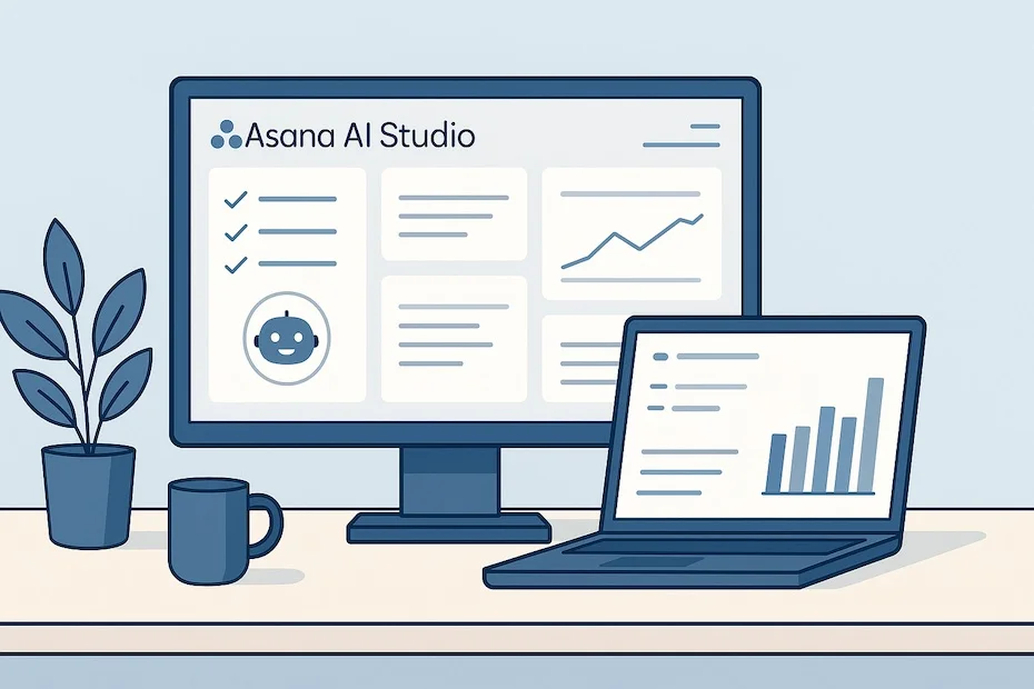Professional workspace showing Asana AI Studio dashboards automating project workflows for entrepreneurs.