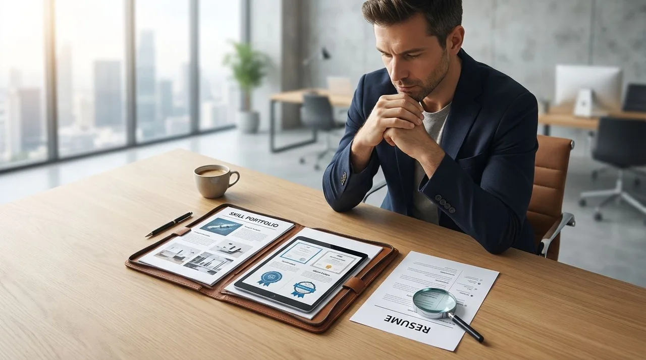 Hiring manager reviewing a candidate skill portfolio on a laptop beside a printed resume