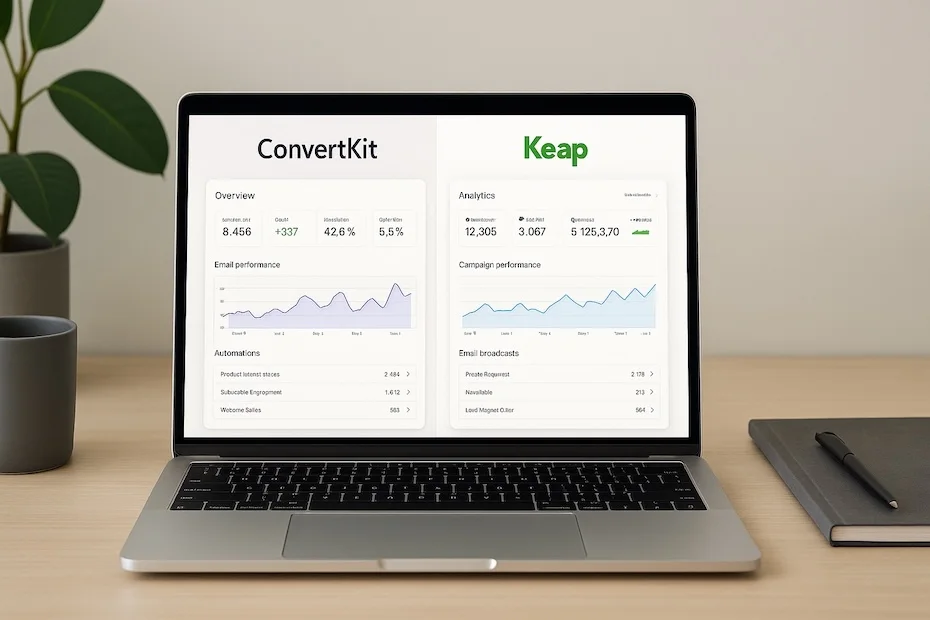 Laptop displaying ConvertKit vs Keap audience-nurturing dashboards in a clean modern workspace.