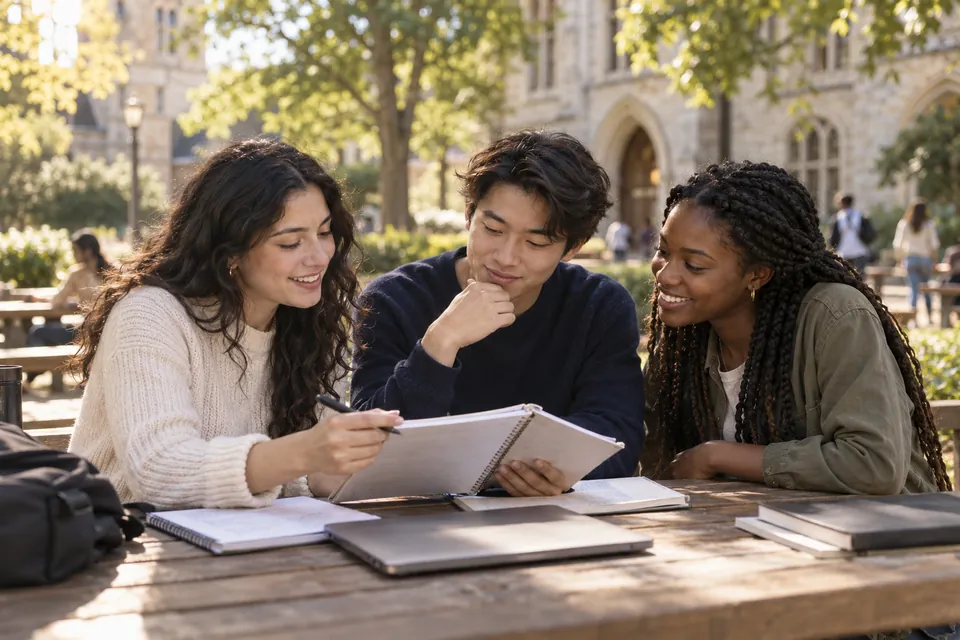 Illustrative scene of university students discussing their coursework at an outdoor campus table
