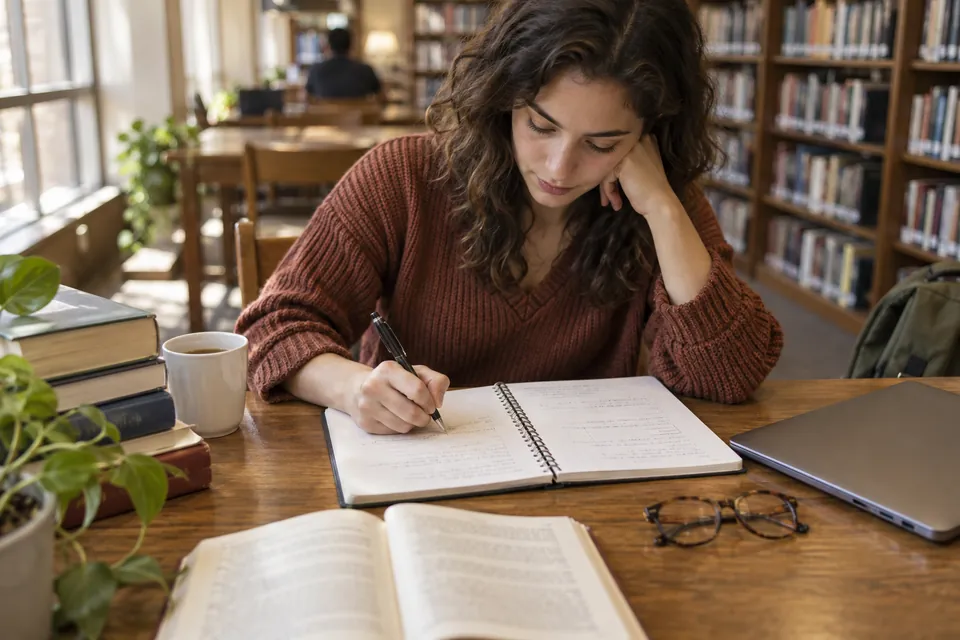 Illustrative close-up of a student making handwritten essay notes in a university library