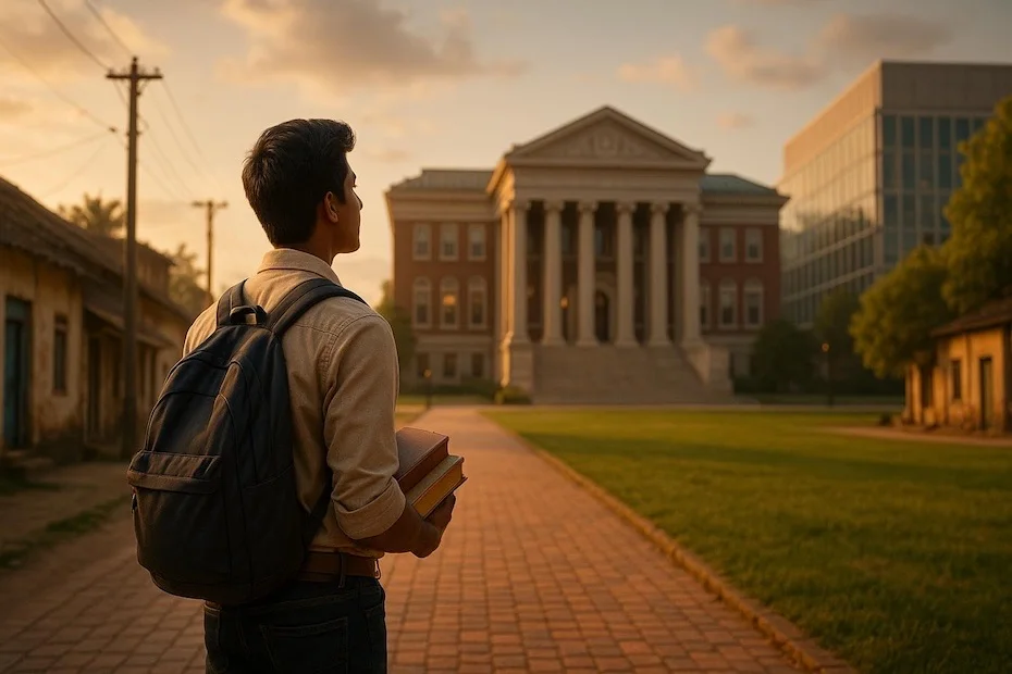 Indian student from small town looking at prestigious American university campus symbolizing journey to US PhD program