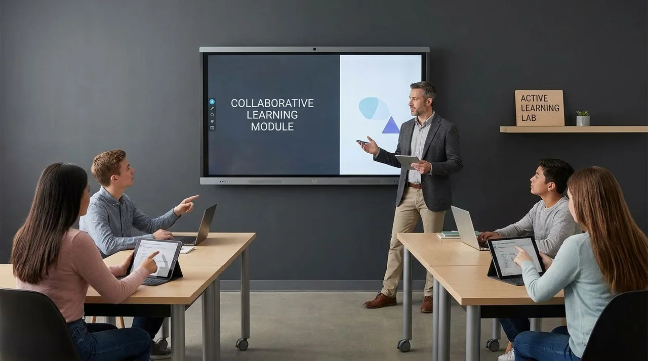 Teacher leading an online class with students using laptops for active learning activities