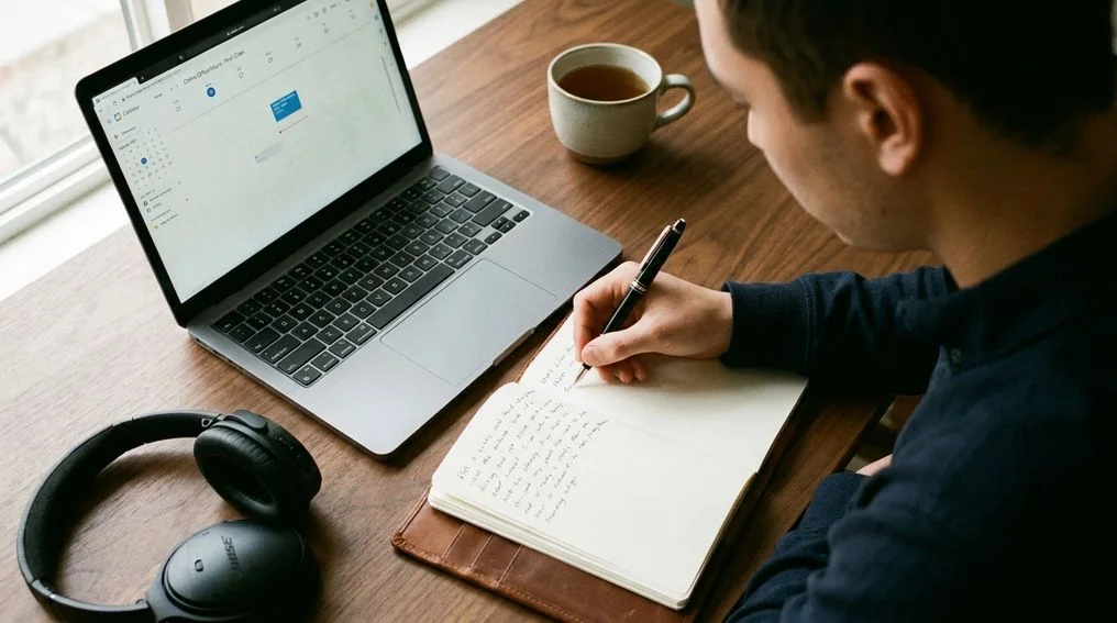 Student preparing questions on a laptop before joining virtual office hours