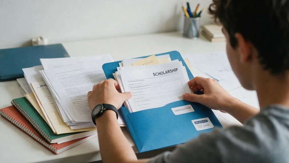 Student organizing scholarship application documents beside a laptop