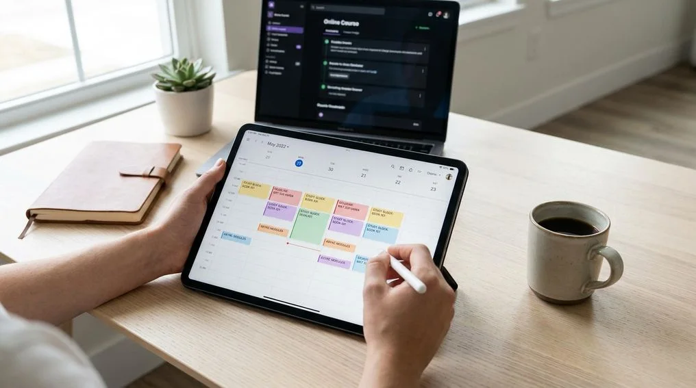 Student planning a weekly asynchronous course routine on a laptop and calendar