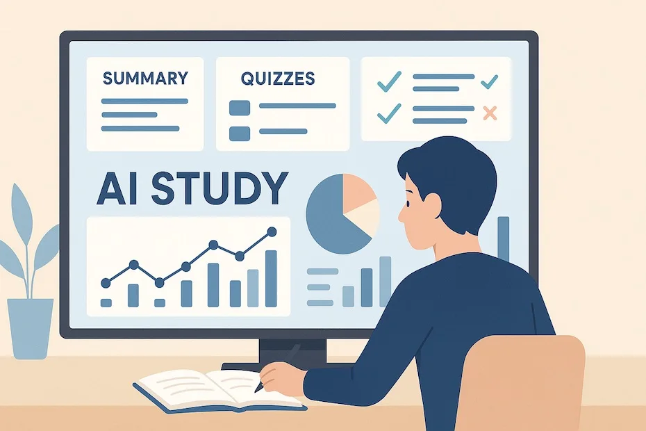 A student reviewing an AI-powered study dashboard with summaries, quizzes, and performance analytics on a digital screen.