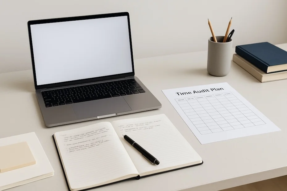 Modern student workspace with laptop, study materials, and organized time audit plan.