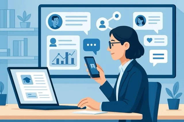 Academic professional using social media to connect with peers in a digital workspace