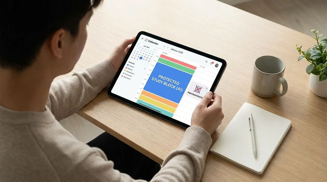 Student using an AI time management app to time-block assignments on a laptop calendar while studying at a desk