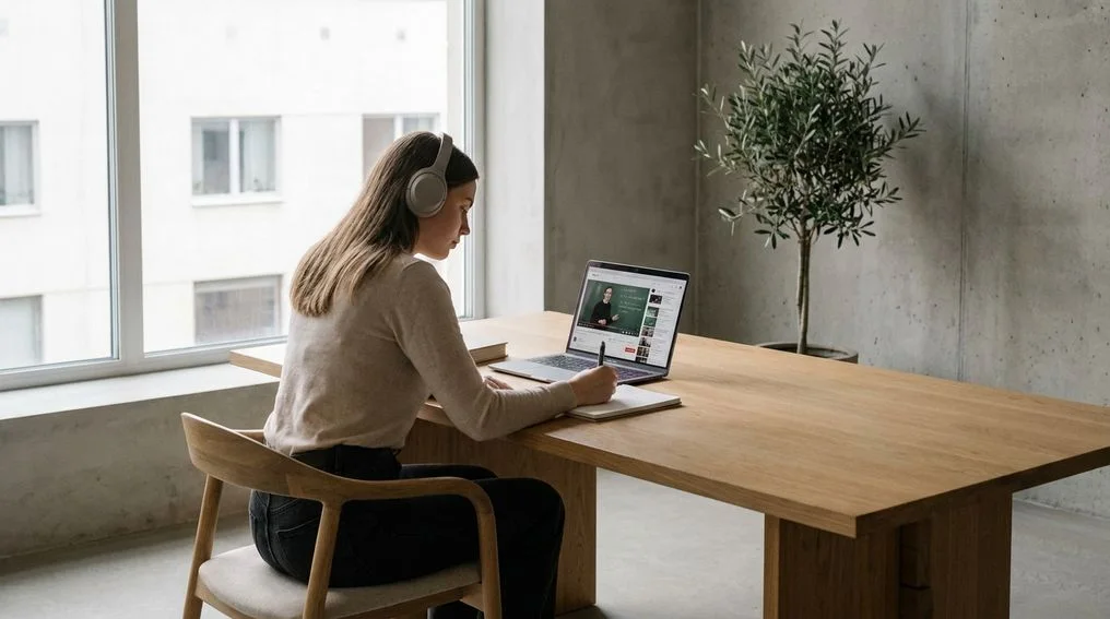 Student taking notes during an online class at a tidy desk with phone set aside
