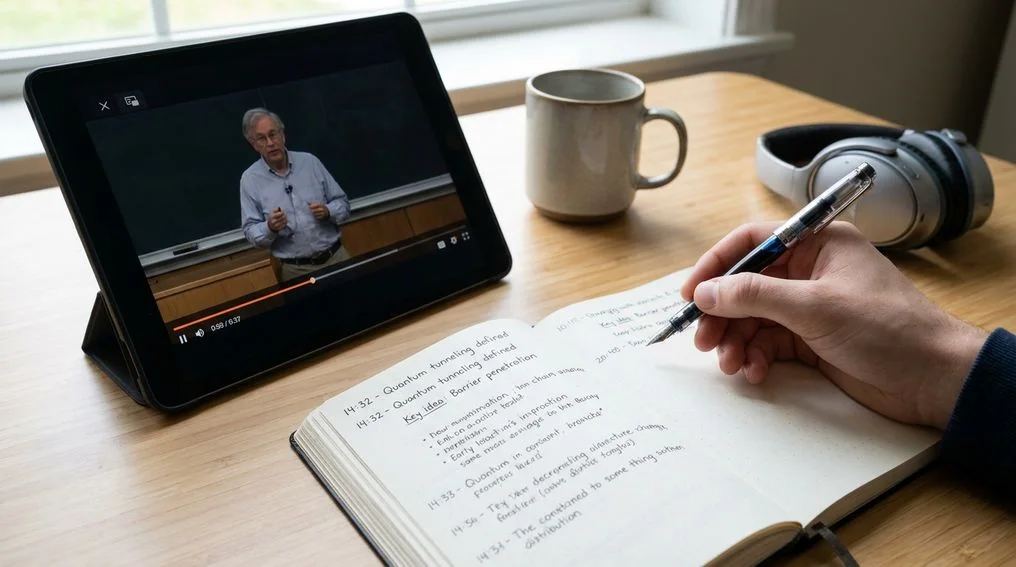 Student taking recorded lecture notes while watching an online lecture on a laptop