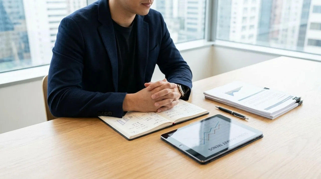 Entrepreneur reviewing notes and laptop data to validate a business idea before starting