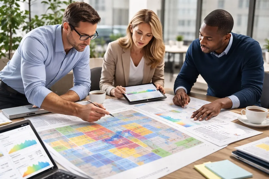 Commercial real estate professionals reviewing site planning maps and foot-traffic data together in a modern office setting