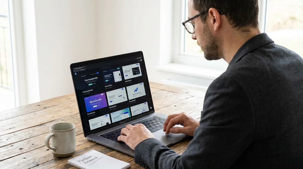 Manager reviewing online leadership course platforms on a laptop during a team development session