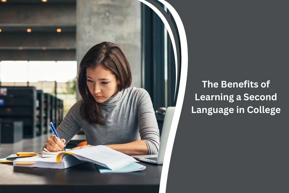 College student studying a second language with books and a laptop