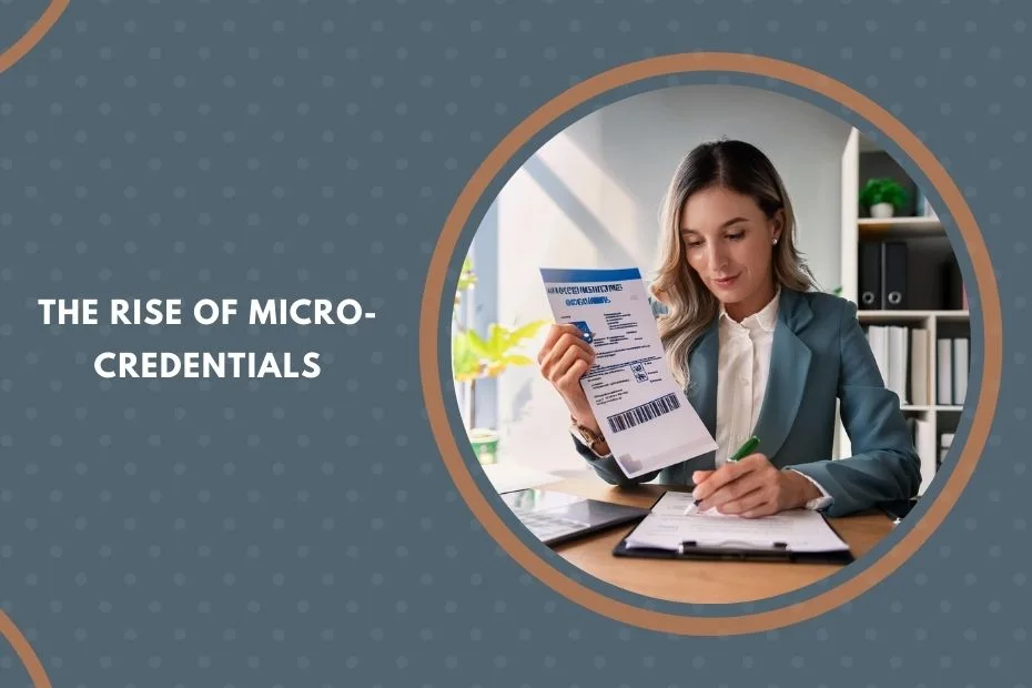 A professional reviewing micro-credential certificates on a desk with a laptop and notepad