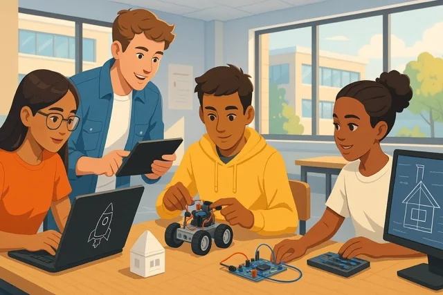 Students working together on a creative STEM project using digital tools and prototypes