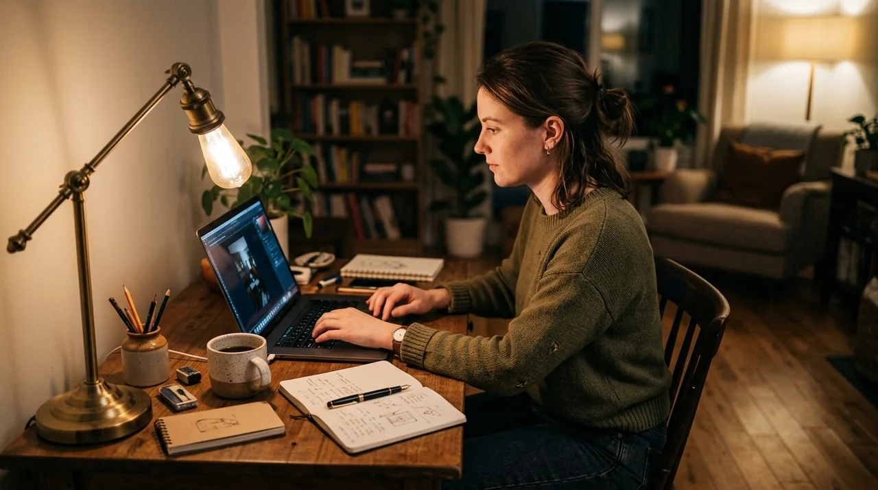 Professional working on a side hustle at a home desk during the evening beside creative tools and a laptop