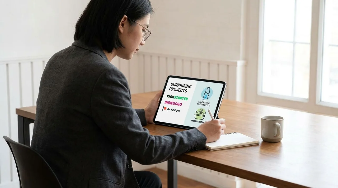Person comparing crowdfunding platforms with icons for funded projects like a beehive, podcast, robot, and potato salad
