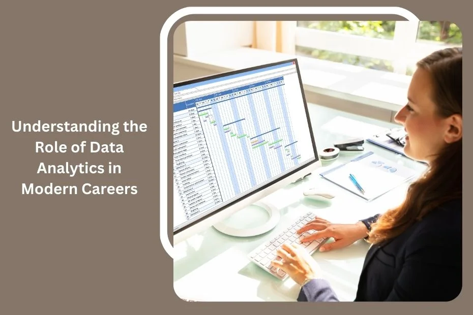 Professional analyzing data charts on a computer in a modern office