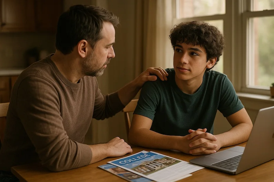 Parent providing emotional support to teenage son during college admissions discussion at home