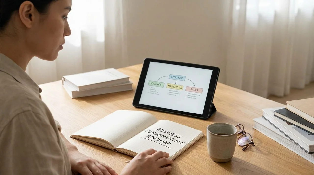 Beginner reviewing a step-by-step roadmap for learning business fundamentals at a desk