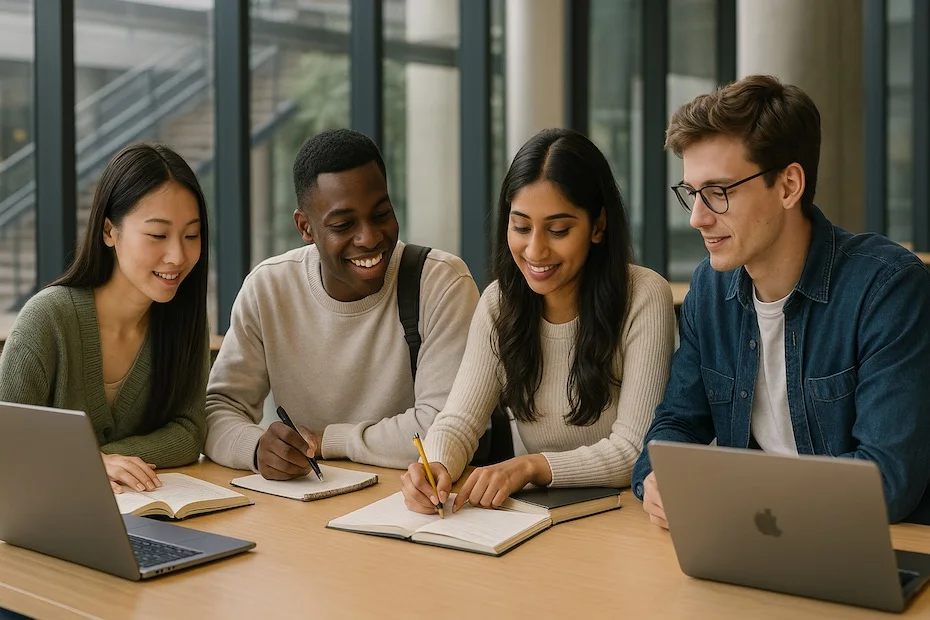 A diverse group of college students collaborating in a modern campus setting.